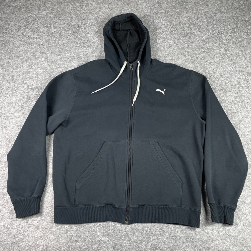 Puma Hoodie Mens Large Black Fleece Heritage Back Print Sweatshirt Full Zip